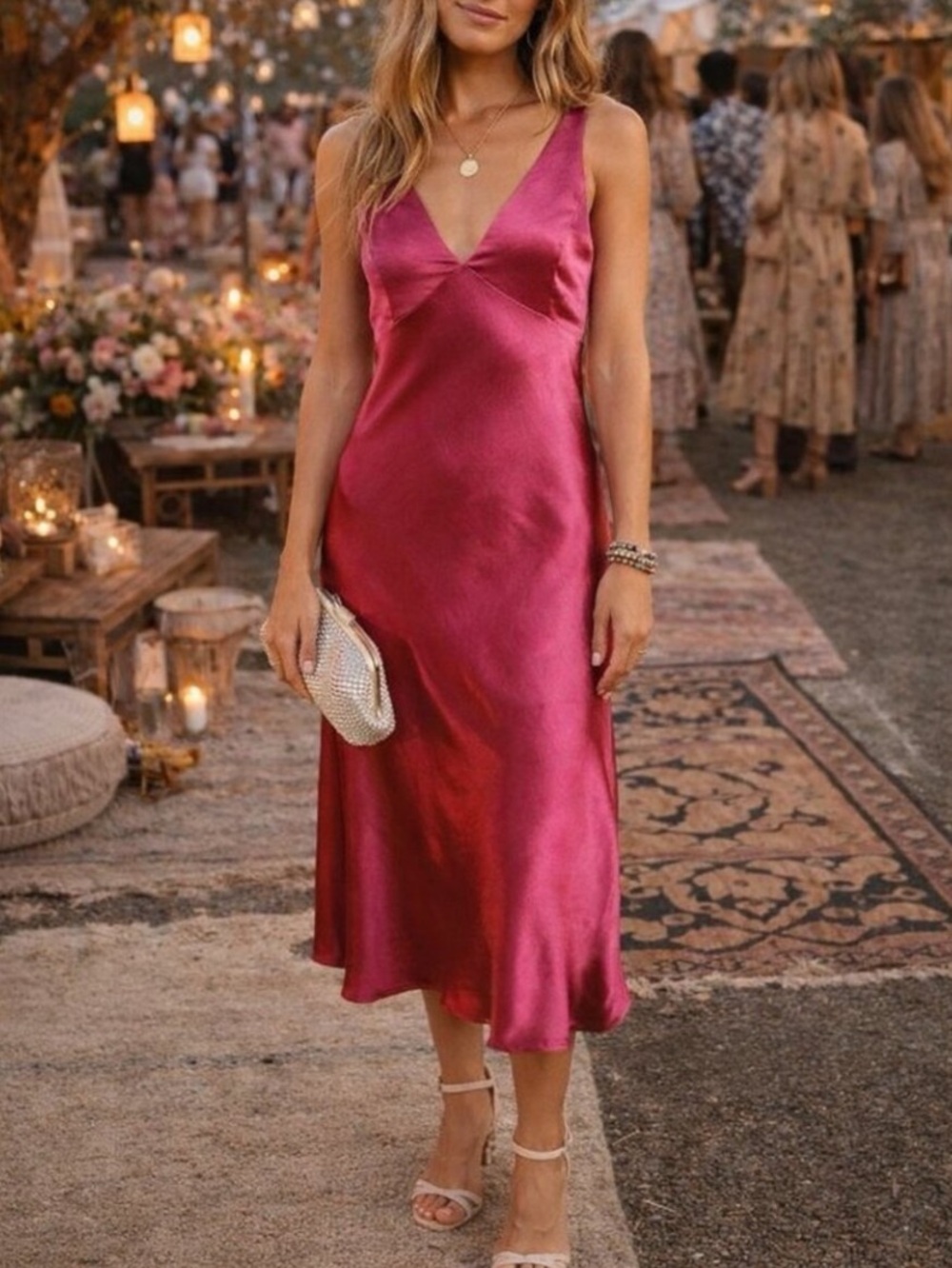 New Lulus Incredible Love Satin V-Neck Slip Dress in Fuchsia Sz Medium